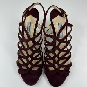 Prada Burgundy Suede Cage Wedge Sandals Gold‎ Studded Heel Women 37.5 Italy
